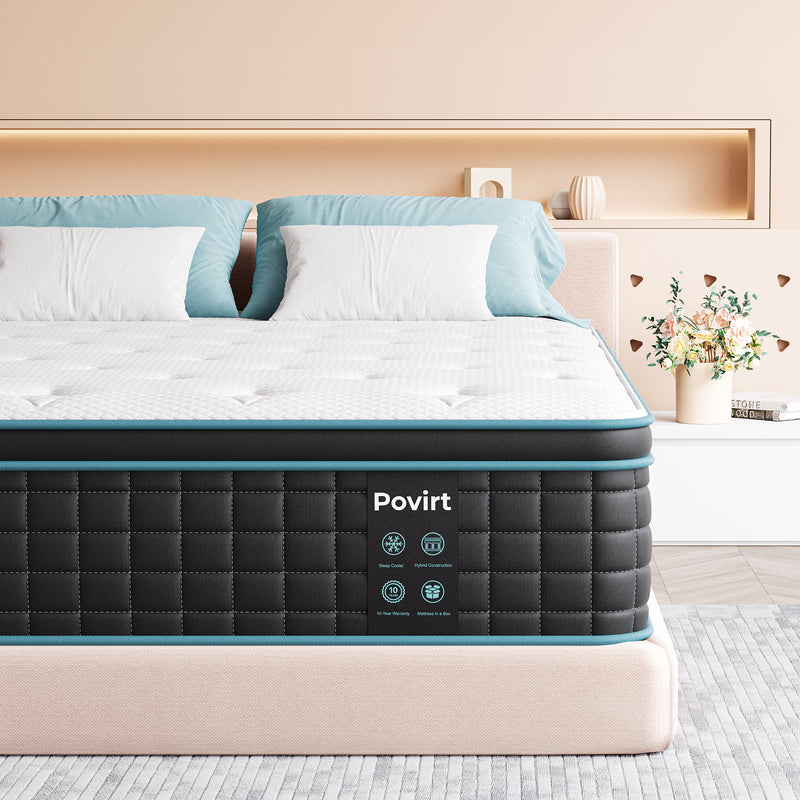 Povirt Mattress, Innerspring Memory Foam Hybrid Mattress for Pressure Relief, Medium Firm Mattress, CertiPUR-US Certified